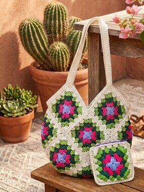 Boho Crochet Granny Square Bag & Matching Coin Purse Set Floral Green Botanical